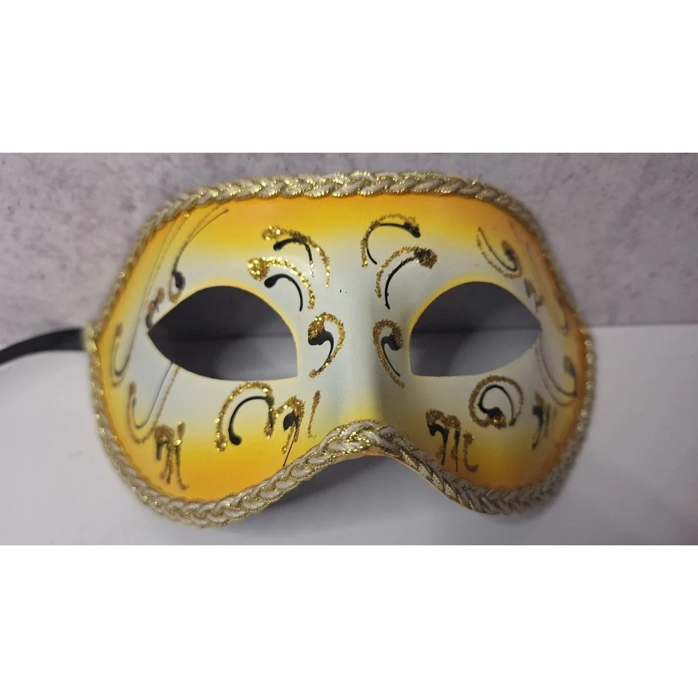 PlasticDecorative VenetianMasquerade Half Mask Yellow withGold Scrollwork Pat